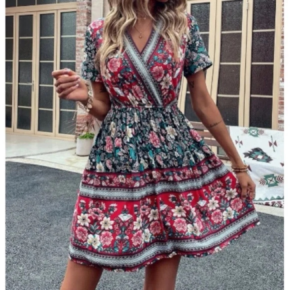 Boho Floral Print Short Sleeve Cottagecore Mini Dress - Picture 15 of 16